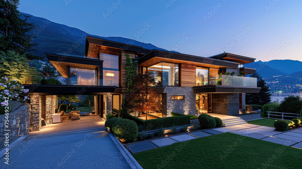 Modern house exterior design with beautiful landscape
