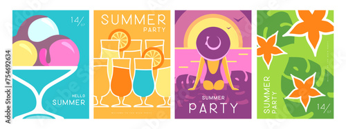 Set of colorful summer posters with summer attributes. Cocktail silhouette, tequila sunrise, ice cream, tropic leaves and girl on the beach. Vector illustration