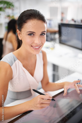 Portrait  graphic designer or touch on digital  pen or display in nft  design or creation of artwork. Woman  smile or hand on monitor for technical  rendering or illustration of visual media