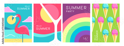 Set of colorful summer posters with summer attributes. Cocktail cosmopolitan silhouette, flamingo, ice cream and rainbow. Vector illustration