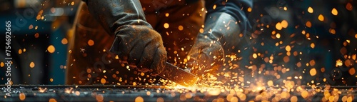 A modern woman embraces traditional craft as a female blacksmith forges metal, sparks flying in the air.