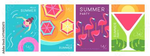 Set of colorful summer posters with summer attributes. Cocktail cosmopolitan silhouette, flamingo, beach top view, swim ring and swimming woman. Vector illustration