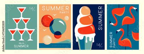 Set of retro summer posters with summer attributes. Cocktail cosmopolitan silhouette, flamingo, ice cream and soap bubbles. Vector illustration