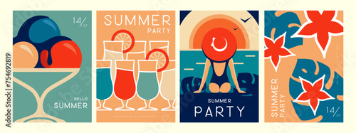 Set of retro summer posters with summer attributes. Cocktail silhouette, tequila sunrise, ice cream, tropic leaves and girl on the beach. Vector illustration