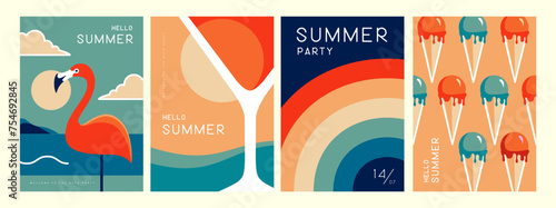 Set of retro summer posters with summer attributes. Cocktail cosmopolitan silhouette, flamingo, ice cream and rainbow. Vector illustration