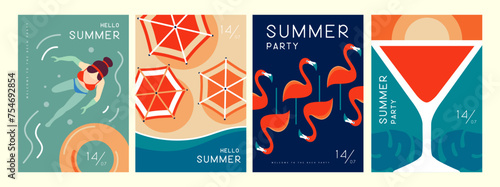 Set of retro summer posters with summer attributes. Cocktail cosmopolitan silhouette, flamingo, beach top view, swim ring and swimming woman. Vector illustration