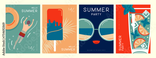 Set of retro summer posters with summer attributes. Mojito cocktail, sunglasses, ice cream, swim ring and swimming man. Vector illustration