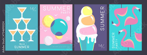 Set of retro summer posters with summer attributes. Cocktail cosmopolitan silhouette, flamingo, ice cream and soap bubbles. Vector illustration
