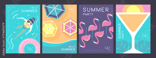 Set of retro summer posters with summer attributes. Cocktail cosmopolitan silhouette, flamingo, beach top view, swim ring and swimming woman. Vector illustration