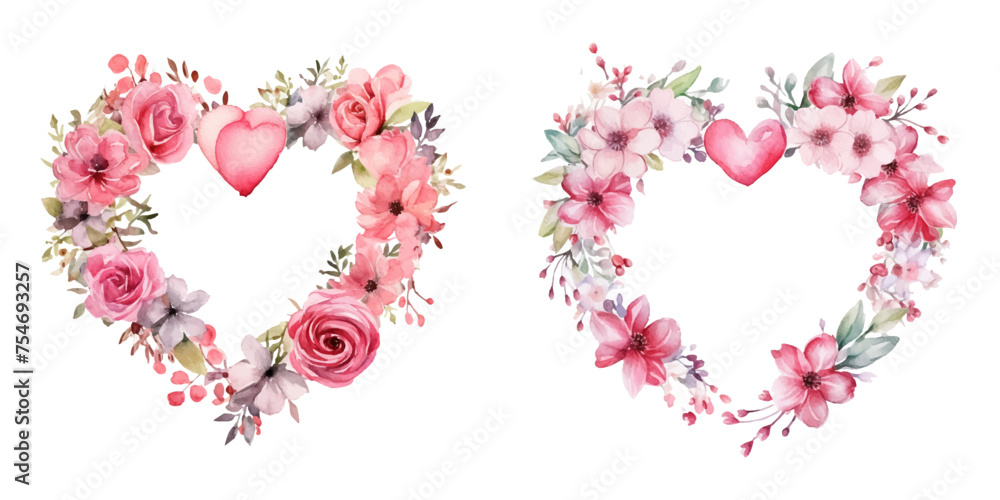 Watercolor valentine flowers wreath love