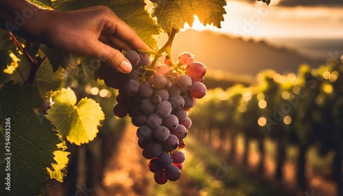 bunch of grapes held by a person in a vineyard at sunset