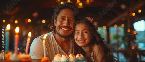 A Latino family celebrates a birthday with vibrant decorations in a joyous moment at their home.