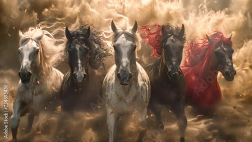 Four horses, white, red, black, and pale. photo