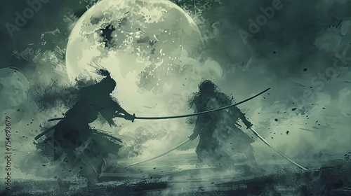 Moonlit duel, samurai with gleaming katana, shogun's honor at stake, intense aura