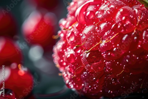 A detailed macro shot of a raspberry with tiny droplets of water