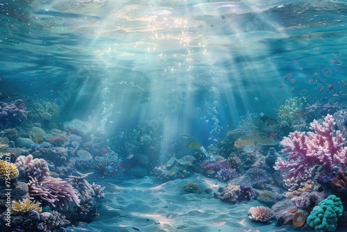 An underwater seascape with coral reefs marine life and sunbeams piercing through the water photo