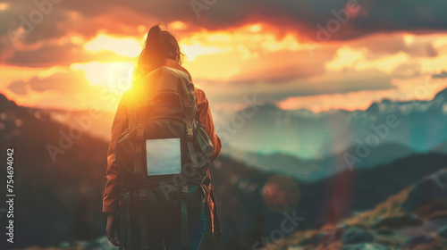 The silhouette of a solo backpacker is seen admiring a dramatic and fiery sunset sky amongst mountain peaks