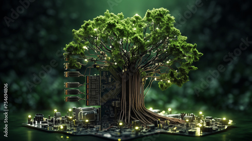 A tree of intersection with a computer circuit board, Green computing concept, Green technology