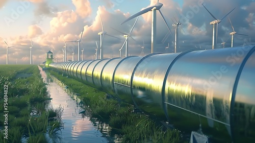 A hydrogen pipeline with wind turbines and in the background Green hydrogen production concept
