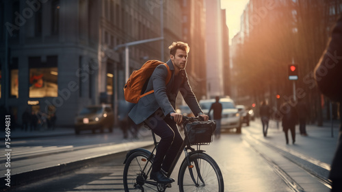 A man riding a bike on the city street, Eco-friendly lifestyle.