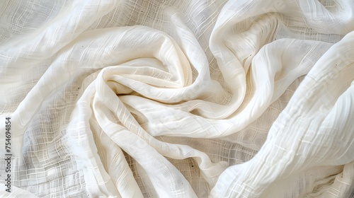 White crumpled linen fabric texture background. Natural off white wavy linen organic eco textiles canvas background. Top view