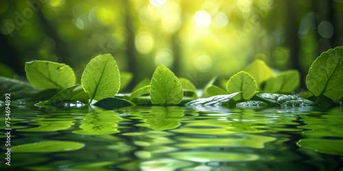 A serene background with water and green leaves on green blurred background, reflecting the tranquility of nature,calm,zen, green leaves background