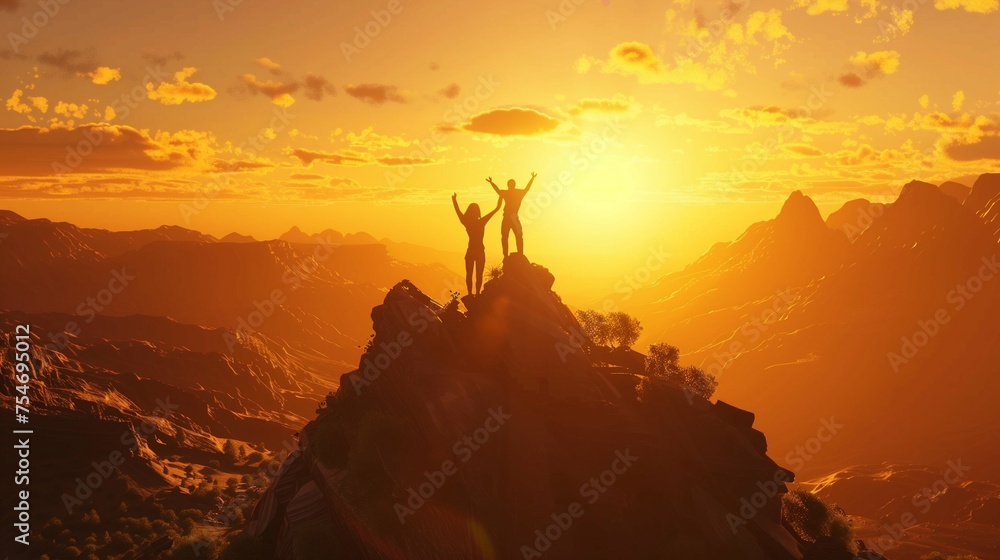 In the golden glow of sunset, a couple stands atop a rugged mountain ridge, their silhouettes outlined against the fiery sky.

