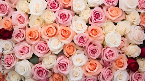  Generative AI  flowers wall background with white and light pink fresh roses  pastel and soft bouquet floral card Pro Photo 