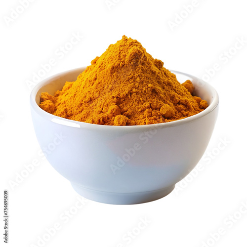 Turmeric powder in white bowl isolated on transparent background. Spices for cooking.