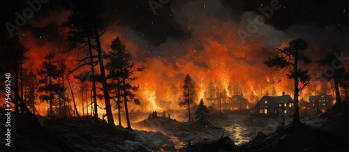 A raging fire burns fiercely within a densely packed forest of tall trees at night, casting an ominous glow and smoke into the dark sky.