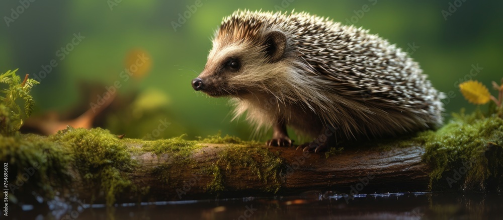Fototapeta premium A European hedgehog, scientifically known as Erinaceus Europaeus, is perched on a tree branch covered with green moss and leaves, facing towards the left.