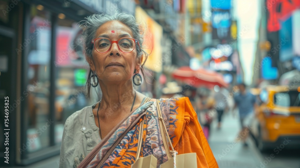 Obraz premium An elder Indian woman in traditional attire stands amidst a busy urban street