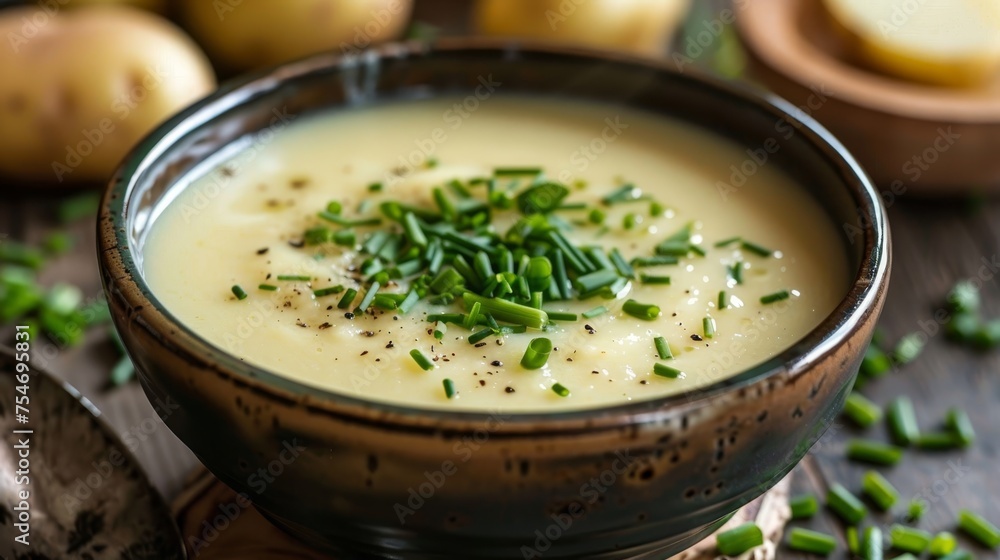 A bowl of creamy potato leek soup, silky in texture and garnished with fresh chives