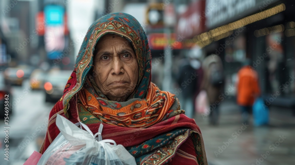 An elder Indian woman in traditional attire stands amidst a busy urban street, her expression reflecting a stark contrast to the city's pace.