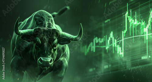 The bullish market trend with a bull and charts. Crypto and the stock market are rising showing growth and uptrend. photo