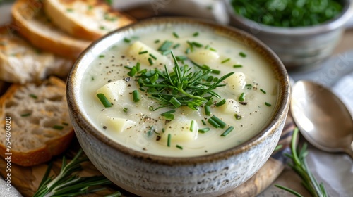 A bowl of creamy potato leek soup  silky in texture and garnished with fresh chives