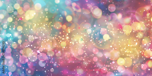 Abstract blurred background with white bokeh lights and sparkling glitter in pastel colors. Abstract background with colorful defocused light, stars, sparkles, and particles. blue unicorn banner