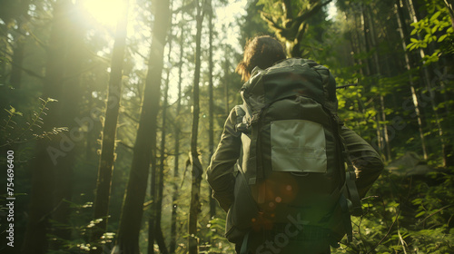 A serene capture of a hiker with a backpack walking through a sunlit forest, showcasing a journey and adventure © nopommajun