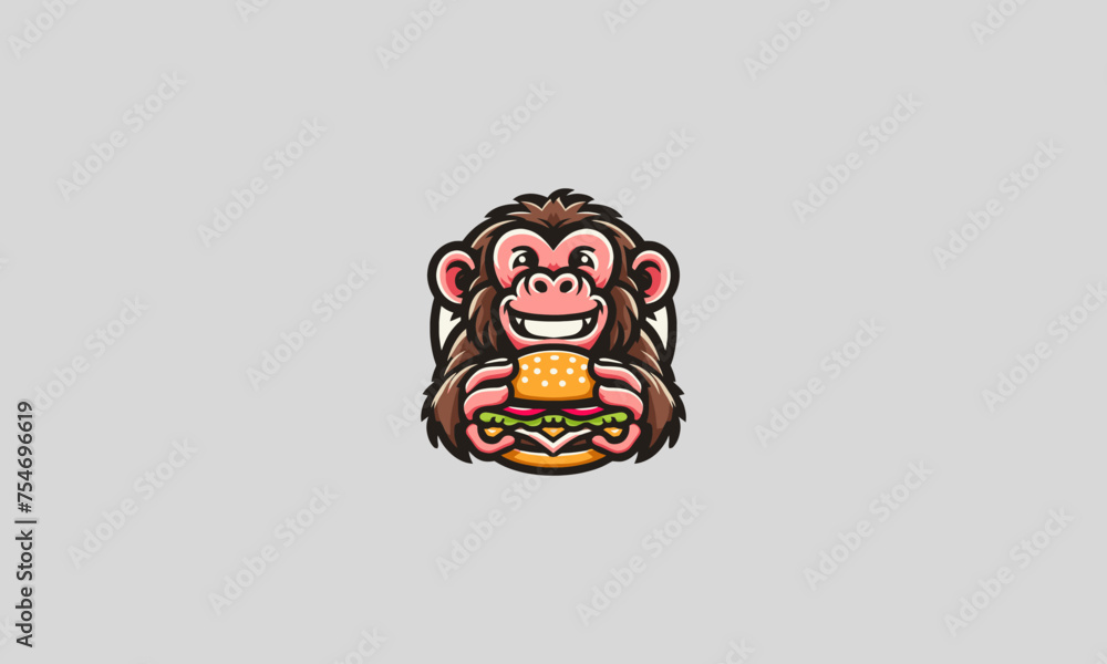 baboon smile eat burger vector mascot flat design