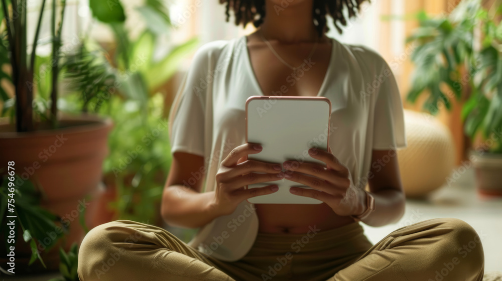 Intimate shot of a woman in casual attire, deeply engaged with her tablet amidst a room with thriving houseplants Intimate shot of a woman in casual attire, deeply engaged with her tablet amidst a room with thriving houseplants