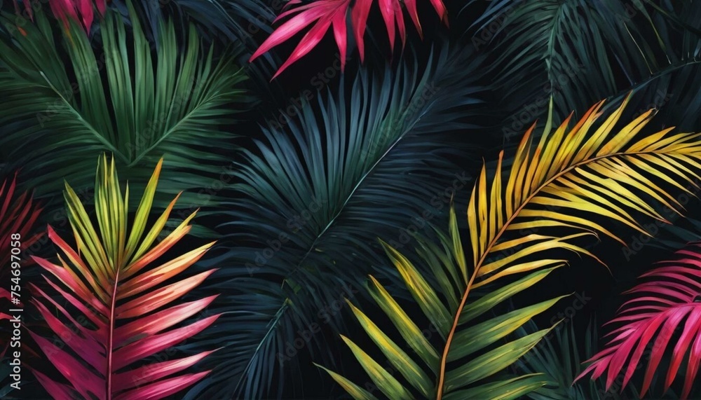 Multi color palm leaves foliage in black background concept. Artistic Digital painting style. Generative AI Multi color palm leaves foliage in black background concept. Artistic Digital painting style. Generative AI
