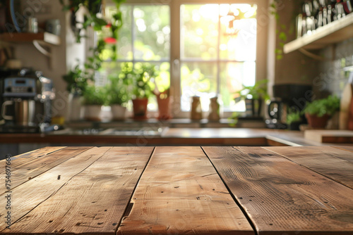 Wood table top with blurred kitchen behind 