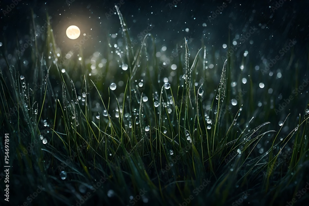Nighttime dew on grass under a mystical moonlight, serene and magical atmosphere