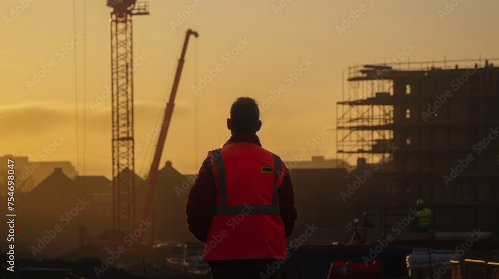 Construction manager at dawn, An early morning scene featuring an Irish construction manager at the brink of dawn