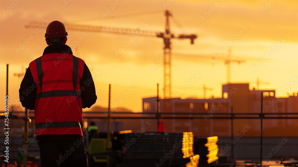 Construction manager at dawn, An early morning scene featuring an Irish construction manager at the brink of dawn