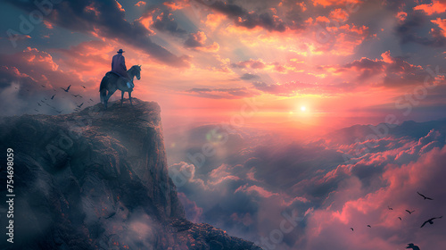 A mountain cowboy rides to the peak of a mountain with background, generative ai #754698059