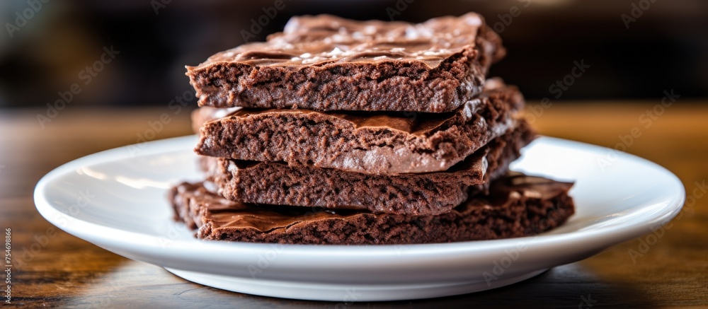 A stack of crispy chocolate brownies sits on a round white plate. The brownies are freshly baked and ready to be enjoyed.