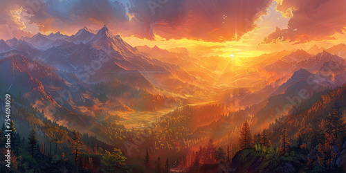 A panorama view  mountains at sunrise, with golden rays illuminating peaks and a forest, Mountain landscape at sunset, nature banner background © Planetz