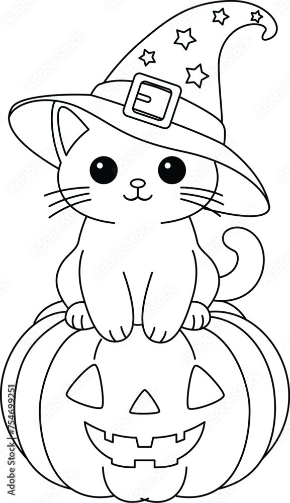 The cute cat is sitting on a Halloween pumpkin coloring page