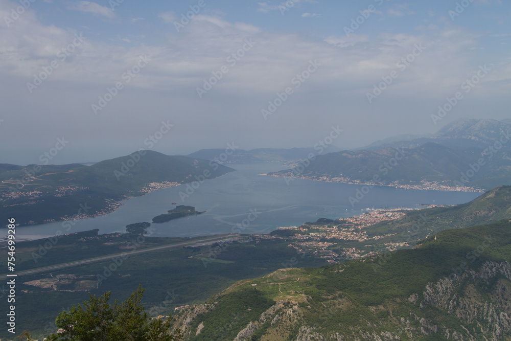 view from the mountain to the runway of Tivat airport Montenegro in summer